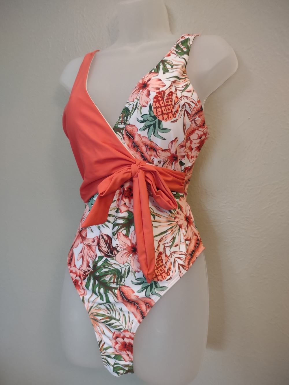 Floral Tropical One-Piece Wrap Front Swimsuit – Orange & Pineapple Print Large - Picture 4 of 10